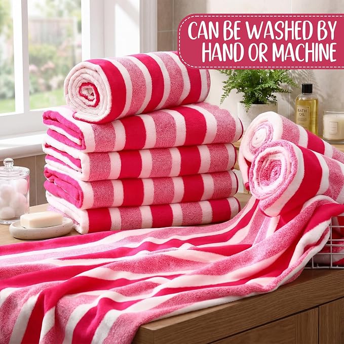 SmoothNovelty 16 Pack Microfiber Bath Towels Bulk 27'' x 60'' Oversized Size Bath Towel Highly Absorbent Extra Large Soft Drying for Beach Shower Summer Salon Sport Gym Party (Wide Stripes,Pink) - Image 4