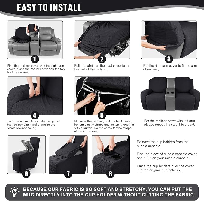 KinCam Loveseat Recliner Covers with Middle Console Slipcover, Black | Stretch Recliner Sofa Covers for 2 Seat Couch Cover, Jacquard Furniture Protector Covers with Elastic Bottom for Kids, Pets - Image 5