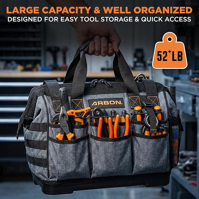 Arbon Electrician Tool Bag, Heavy Duty Tool Organizer, 34 Pockets, 52+ lb | Large storage for men, 5-layer reinforced walls, metal frame, hard molded base, water resistant polyester PP plastic, gray - Image 4