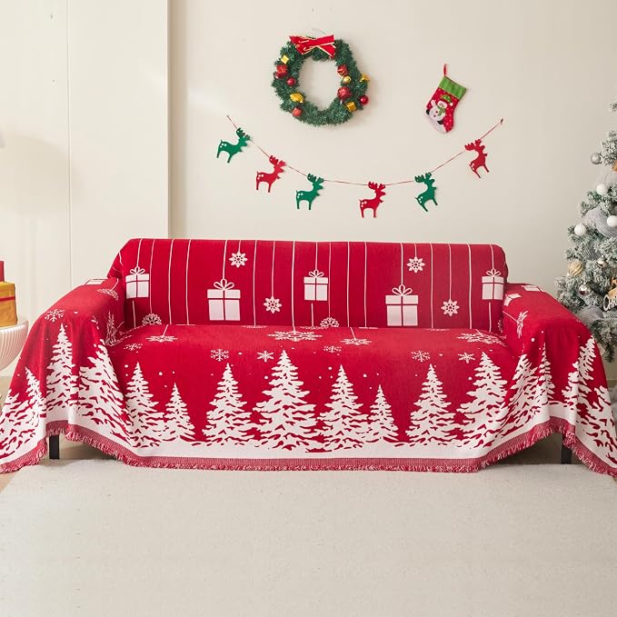 MEETSKY Christmas Couch Cover for Sectional Sofa, Chenille Loveseat Red Sofa Covers Washable for Pet Friendly Cedar Decorative Couch Covers, 71" x 102" by MEETSKY