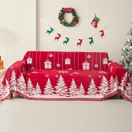 MEETSKY Christmas Couch Cover for Sectional Sofa, Chenille Loveseat Red Sofa Covers Washable for Pet Friendly Cedar Decorative Couch Covers, 71" x 102" by MEETSKY