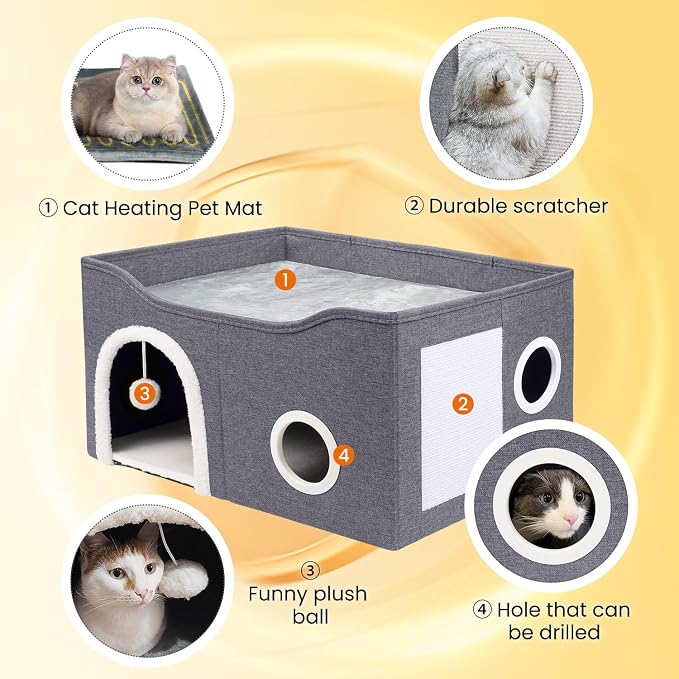Indoor Heated Cat House, Adjustable Temperature Cat Heating Bed with Timer and Chew Resistant Cord, Large Cat House with Heating Pad for Small Medium and Large Cats - Image 3