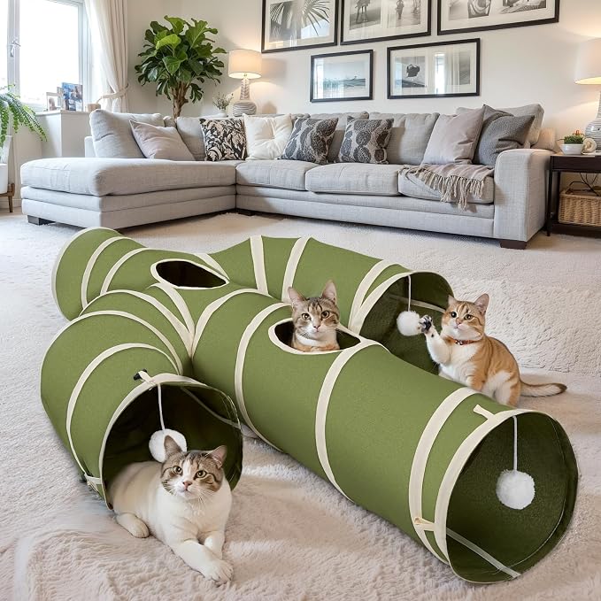 Ownpets Cat Tunnel Large 12 inch Diameter, Cactus-Shaped Cat Tunnel Toy, Sturdy Oxford Fabric Collapsible Cat Tunnels for Indoor Cats, Interactive Peek Hole Pet Tunnel Tube with Cat Wand Toy, Green - Image 6