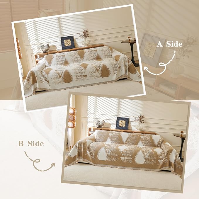 MYSKY HOME Sectional Couch Cover Khaki Geometric Rhombic Sofa Covers for Sectional Sofa L Shape Chenille Couch Protector for Dogs Pets Couch Throw Cover Washable Durable for Home Decor, 71" X118" - Image 3