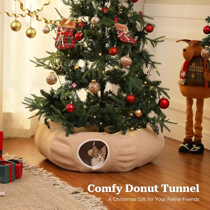 PEQULTI Cat Donut Tunnel with Bed for Indoor Cats, Cat Play Tunnel with Washable Soft Plush Mat, Round Tube Toys Cute Tube for Kittens, Puppies, Rabbits and Ferrets, Beige - Image 2