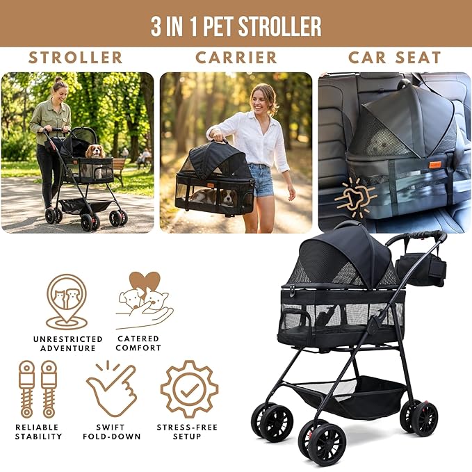 Pet Stroller for Small Dogs Cats with Wheels, Detachable Carrier, Max Load 33 lbs, Easy Folding, Compact Portable, Dog Carriage Cart Car Seat 3 in 1