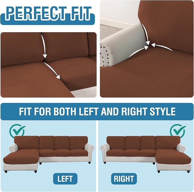 H.VERSAILTEX Sectional Couch Covers 8 Pieces Stretch Sofa Covers for Sectional Sofa Set Separate L Shaped Couch Cover for Both Left/Right Couch (Seat and Back: 1 Chaise + 3 Sofa, Caramel) - Image 5