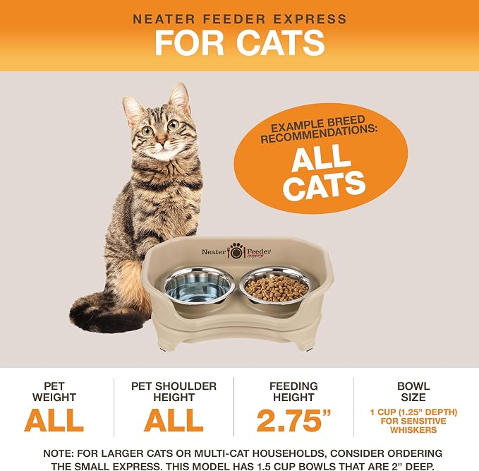 Neater Feeder Express Mess Proof Cat Bowls Elevated, No Spill Feeding Station, Stainless Steel Dishes for Food and Water, Raised Bowls for Indoor Cats, No Fatigue Whisker Friendly Dish, Almond - Image 5