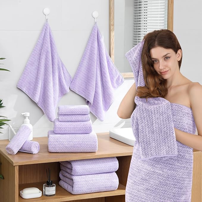 18 Piece Bath Towels Set,100% Microfiber Family Bathroom Towel with Hanging Loops-6 Bath Towels,6 Hand Towels,6 Washcloths,Quick Dry Highly Absorbent Shower Towel for Bathroom,Hotel,Spa-Light Purple - Image 4