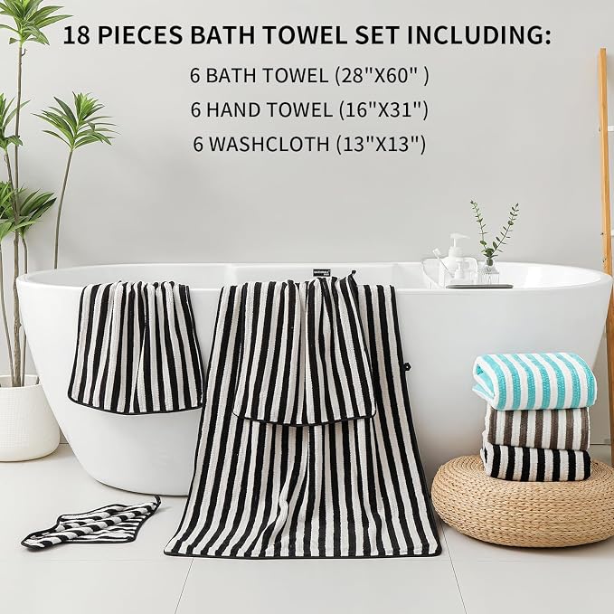 18-Piece Microfiber Bath Towels Set - 6 Bath Sheet, 6 Hand Towels, 6 Washcloths, Soft, Highly Absorbent Bathroom Towel, Quick Dry & Less Lint Shower towel for Bathroom, Hotel, Spa, Dorm-Black White - Image 4