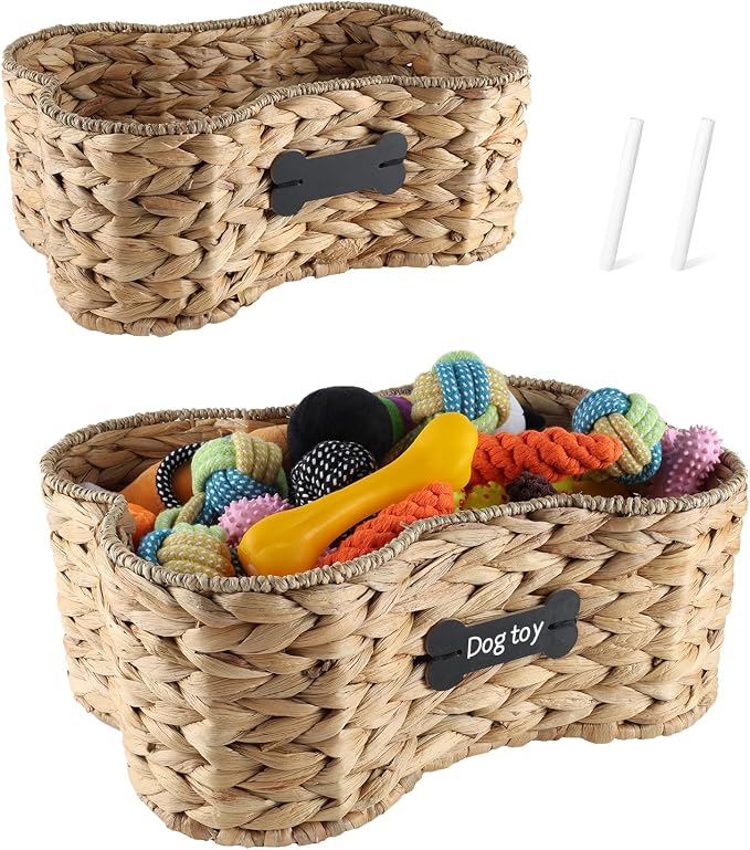 Set Of 2 Pet Dog Toy Basket-Dog Bone Basket-Wicker Basket for Pet Stuff-Dogs Toy Box for Living Room Area-Handmade Water Hyacinth Baskets with DIY Tag ﻿ by Brabtod