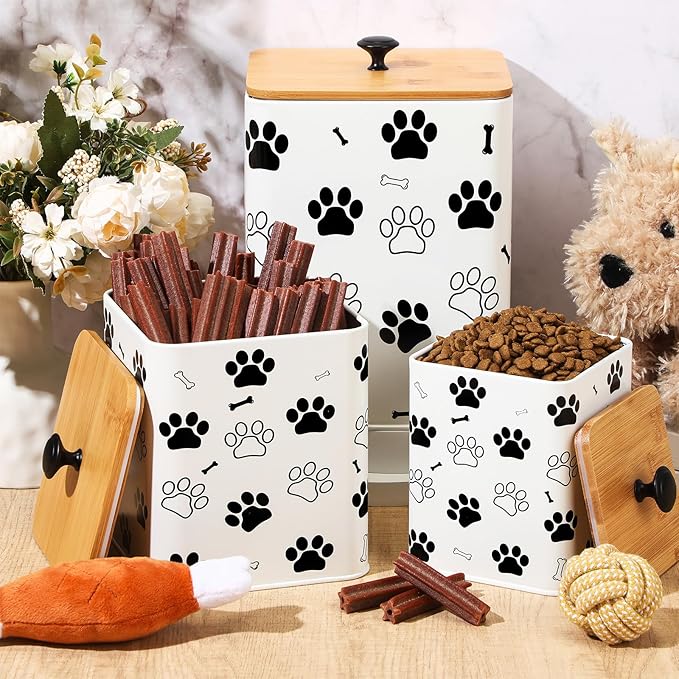 Reallnaive Airtight Dog Treat Container Set of 3 with Bamboo Lids Metal Treat Jars for Countertop Decorative Pet Snack Food Storage Canister Kitchen Biscuit Holder(White) - Image 4