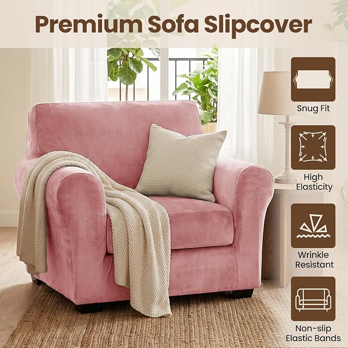 XINEAGE 2-Piece Velvet Armchair Sofa Cover, Couch Covers for Dog,Pink | 1 Cushion Chair,Stretch Non-slip Elastic, Pet-friendly, Washable, Fast Setup, Soft Plush Fabric, Furniture Protector. - Image 2