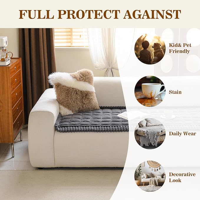 MYSKY HOME Couch Covers for 3-4 Cushion Sofa Pet Friendly, Couch Cover for Dogs, Sofa Covers for Pets Washable, Soft Non-Slip Sofa Slipcovers Furniture Protector Covers, Dark Grey, 27.6" x 82.7" - Image 3