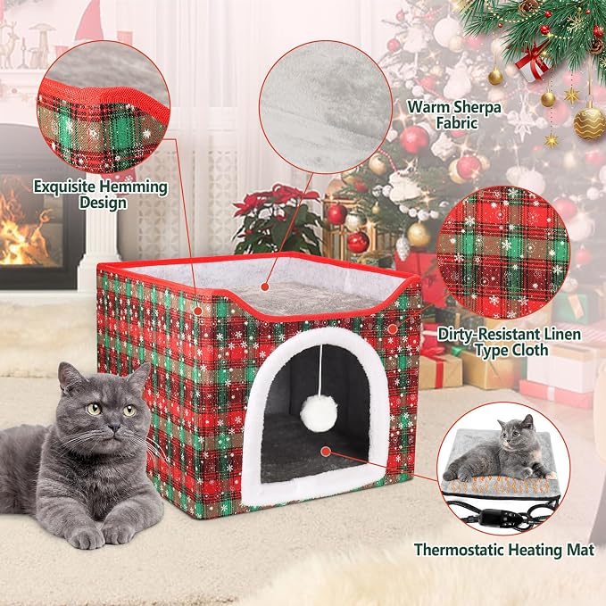 Heated Cat Bed for Indoor Cats, Foldable Cat House with Removable Heating Pad for Cats Small Dog Covered Cat Bed Cave Kitty Hideaway with with Scratch Pad, All Season Use - Image 4