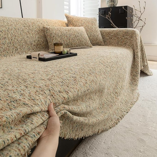 ROOMLIFE Boho Beige Couch Cover for Dogs, Washable Non Slip Furniture Protector Couch Sofa Covers for 3 Cushion Couch, Soft Chenille Couch Cover Throw Blanket with Tassels 71''X118'' by ROOMLIFE