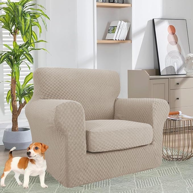 YEMYHOM Latest Checkered 2 Pieces Chair Covers for Living Room High Stretch Thickened Chair Slipcovers with Arms Anti Slip Elastic Armchair Sofa Couch Slipcover Protector (Khaki), 31"-46"(1 Cushion) - Image 2