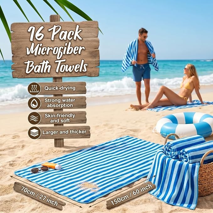 SmoothNovelty 16 Pack Microfiber Bath Towels Bulk 27'' x 60'' Oversized Size Bath Towel Highly Absorbent Extra Large Soft Drying for Beach Shower Summer Salon Sport Gym Party (Blue,Wide Stripes) - Image 2