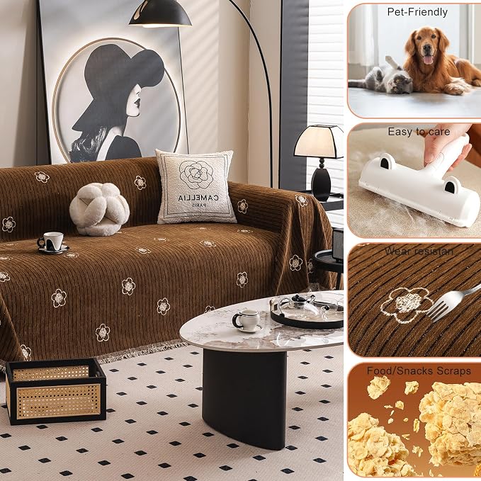 ROOMLIFE Boho Couch Covers Brown for 3 Cushion Sofa, Chenille Couch Cover Sectional Sofa Cover for Dog, Washable Furniture Sofa Protector Cover Soft Blanket with Tassel for Living Room, 71 '' X 118'' - Image 2