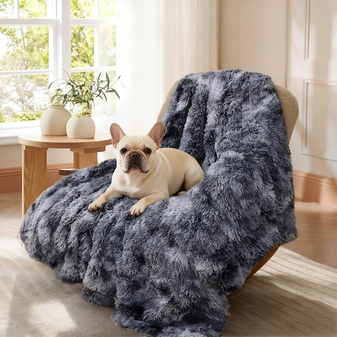 Luciphia Large Waterproof Dog Blanket Pet Washable Liquid Proof Furniture Protector Medium Shaggy Plush Calming Long Faux Fur Bed Cover for Couch Cat Blankets Kitten Doggy, Tie-dye Grey, 40" x 50" - Image 5