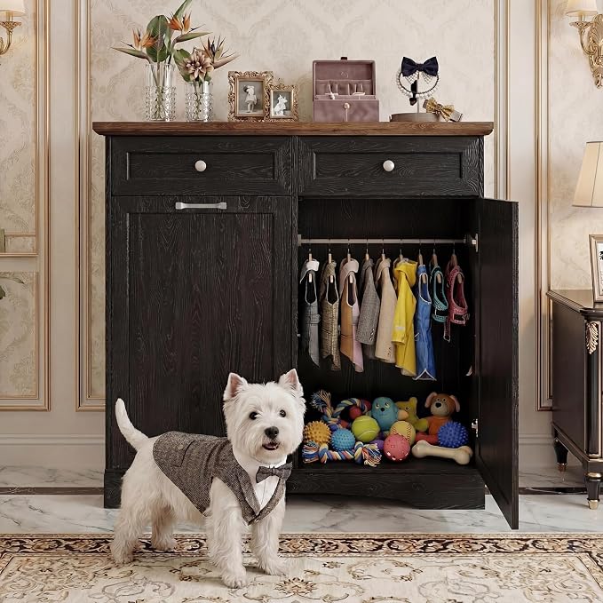 39.7’’W Dog Feeding Station, Tilt-Out Dog Food Cabinet for Multi-Pets, Pet Feeder Station with 4 Feeding Bowls, Dog & Cat Storage Organizer with Hanging Rod, (Black, Dual Doors) by Unknown
