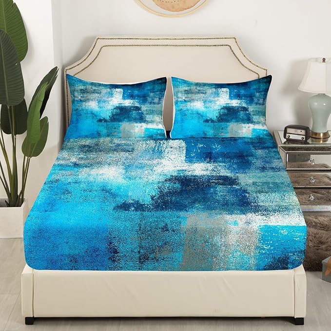 Erosebridal Turquoise and Grey Bed Sheets Set King,Retro Teal Ombre Sheet Set for Adult,Watercolor Artwork Sheets Bedroom Decor,Contemporary Flat Fitted Sheet with 2 Pillowcases - Image 3