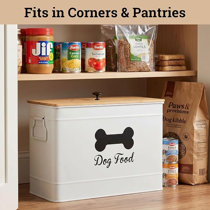 Metal Dog Food Container 15-20 lbs w/ Airtight Bamboo Lid, 70 Cup Capacity | Pet Jar For Dogs up to 100lbs, Airtight Bamboo Lid, Sturdy Comfortable Metal Handle, Powder Coated Iron, Kibble Storage Bin - Image 7