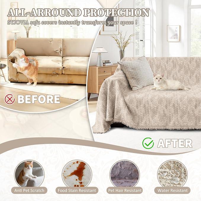1OO% Waterproof Sectional Couch Covers for Dogs L Shaped Corner Sofa Cover Washable Chenille Sofa Slipcovers Blanket Modern Jacquard Pet Furniture Protector (91"x276", Light Khaki) - Image 5