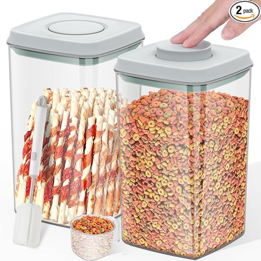 LEAWALK 4.2Qt 2Pack Airtight Dog Cat Food Storage Container and Dog Treat Containers BPA-Free, PET Clear Stackable Pet Storage Bin, 1 Cup Scoop, 1 Sponge cleaning brush, Pop Top, With handle (Grey) by LEAWALK
