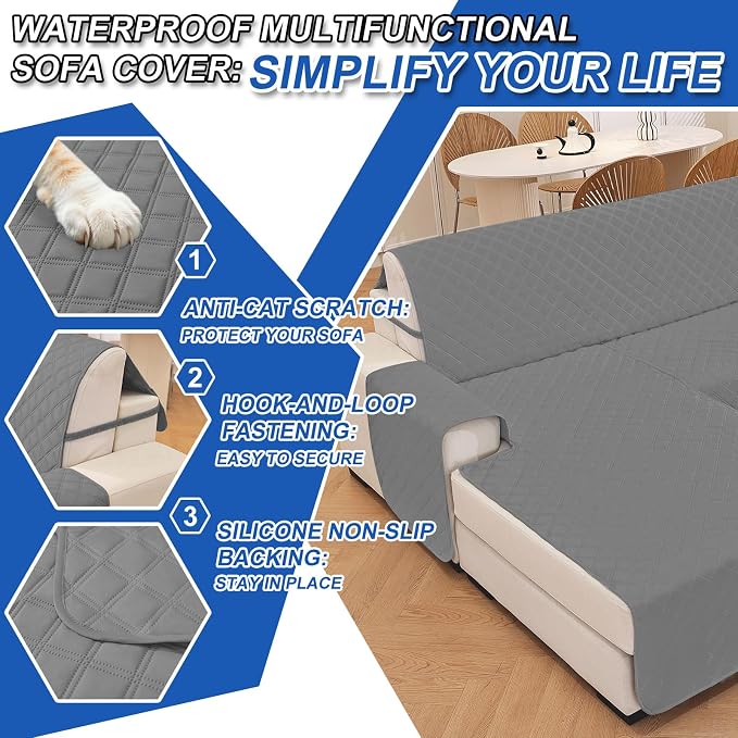 Waterproof Large Sectional Couch Covers for Dogs, Reversible L Shaped Couch Cover, Sofa Covers Washable Sectional, Furniture Protector Cover for Pets Kids (X-Large, Light Grey) - Image 6