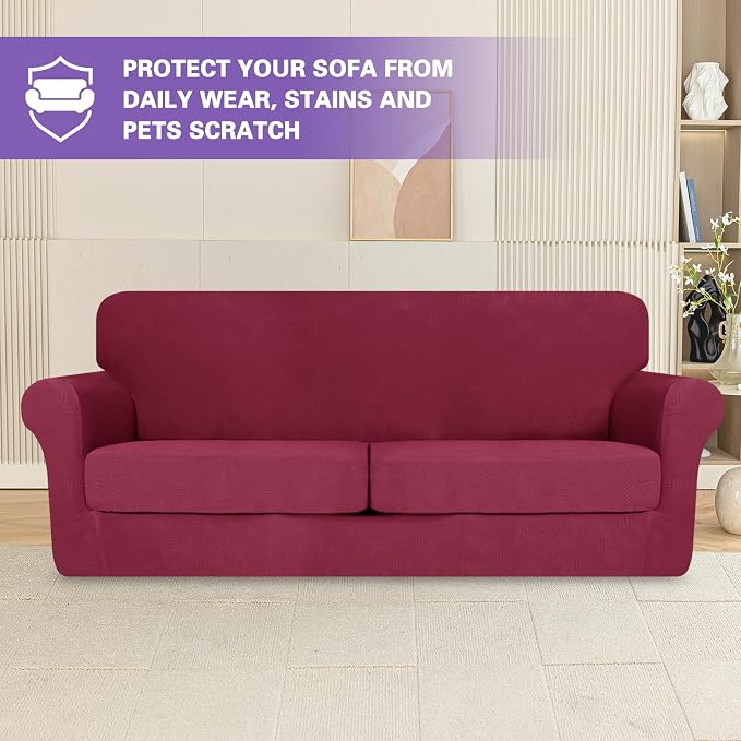 ZNSAYOTX 3 Piece Stretch Sofa Covers (71"-91") for 2 XL Cushion Couch, Thick Striped Sofa Cover with Elastic Band Bottom Ties Non-Slip Stay in Place, Soft Durable Couch Slipcovers, Wine Red - Image 2