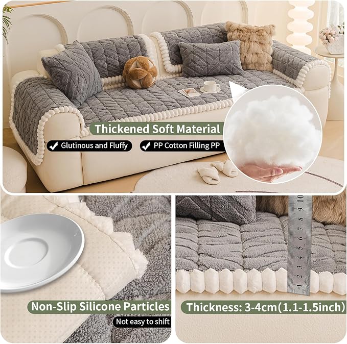 STACYPIK Non Slip Thickened Gray Sofa Cover for Dogs, Arm Headrest Cover Washable, Fuzzy Plush Slipcovers Couch Protector for 2 Cushion, Pet-Friendly Herringbone Pattern Couch Bed Mat Cover-35.4X63IN - Image 2