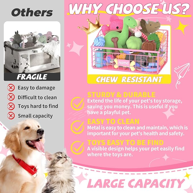 Kaiferty Indestructible Dog Toy basket, Small Toy Box for Dogs, Pet Toy Bin Dog Metal Basket for Toys, Toy Storage Organizer,Dog Toy Box for Living Room Area(Pink) - Image 2