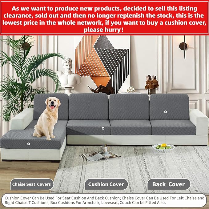 【Clearance】 Stretch Individual Cushion Covers Large Sofa Seat Cushion Slipcovers Soft Couch Cover Replacement Large Checkered Furniture Protector with Elastic Bottom (3 Pcs XL Cushion, Light Gray) - Image 3