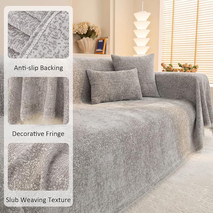 Luxury Grey Soft Durable Chenille Couch Cover for All Shape Sofa Couch Sofa-Bed Slub Furniture Protector Machine Washable, Solid Gray Sofa Slipcover for Dog Pet Kid Large 71x118’’ | for All Shape Sofa Couch, Slub Furniture Protector Machine Washable, G... - Image 4
