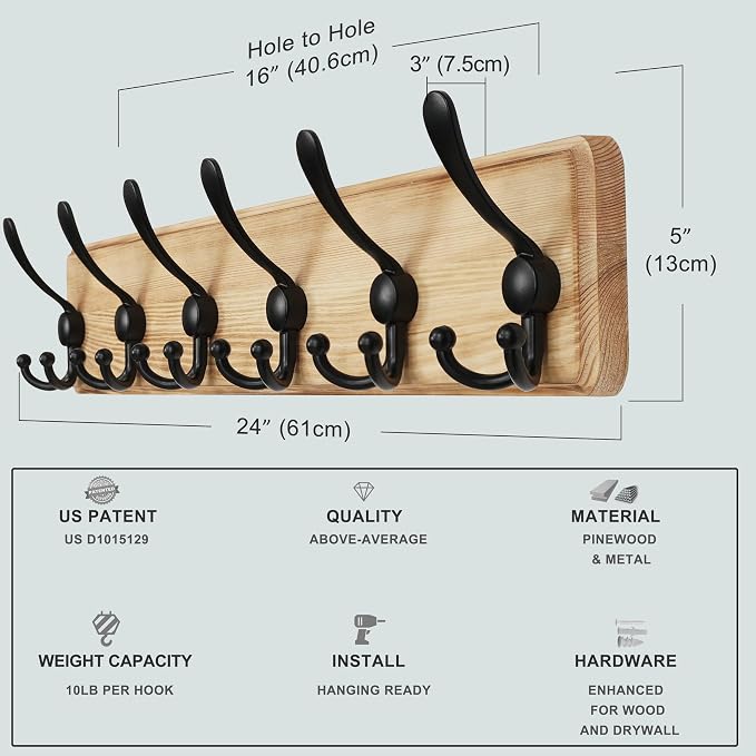 Dseap Coat Rack Wall Mounted - 24" Long 6 Tri Hooks, Heavy Duty Wooden Wall Coat Hanger Coat Hook for Clothes Hat Jacket Clothing, Weathered Light Natural and Black - Image 5