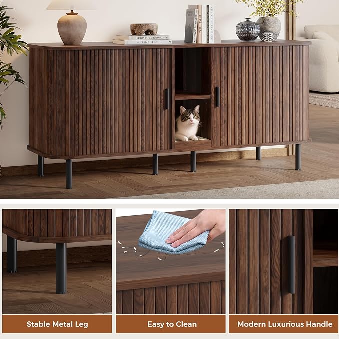 58" Double Cat Litter Box Enclosure, Large Hidden Litter Box Furniture for 2 Cats with Cat Scratch Pad, Mid Century Modern Indoor Cat House with Double Room, TV Stand, Side Table, Walnut - Image 4