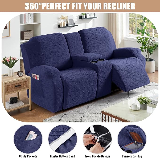VANSOFY Stretch Recliner Loveseat Cover with Middle Console, Navy Blue | 4-Pieces, Soft Furniture Protector, Washable Slipcover with Pocket, Pets Sofa Cover, High Stretchy fabric Couch Cover - Image 5