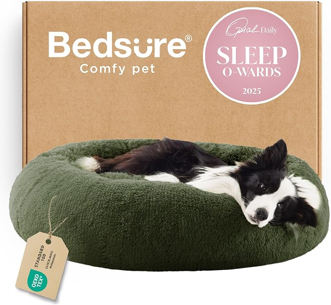Bedsure Calming Dog Beds Large Sized Dog Donut Washable Pet Bed,36ins Green | Fluffy Faux Fur Round Cuddler,with Removable Washable Cover,Anti-Slip Bottom,Anti-Anxiety,Deep Sleeping for Pets Up to 80 Lbs by Unknown