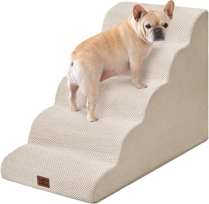 EHEYCIGA Curved Dog Stairs Ramp for High Beds, 5-Step Extra Wide Dog Steps for Small Dogs and Cats, Pet Stairs for High Bed Climbing, Non-Slip Balanced Pet Step Indoor, Beige by EHEYCIGA