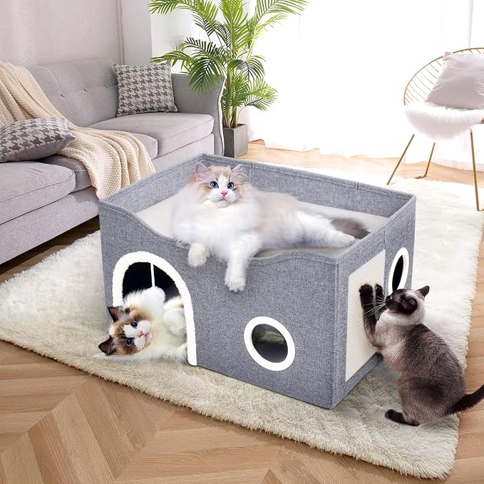 Heeyoo Cat House for Indoor Cats - Large Cat Bed Cave with Fluffy Ball and Scratch Pad, Foldable Cats Houses & Condos, Cat Hideaway, Covered Kitty Bed for Multi Small Large Kitty, 23.8x15.9x13.2 Inch - Image 5