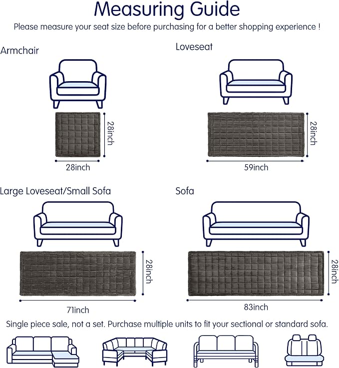 SUBRTEX Couch Cover for Dogs, Non-Slip Sofa Mat Washable, Thick Sofa Slipcover Cushion Protector Pet-Friendly (Gray, 27.6"x70.9") - Image 3