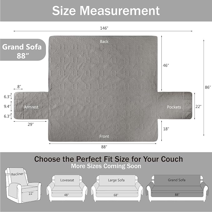 Quilted Grand Sofa Covers Washable, Couch Cover for Grand Sofa, Soft Cozy Couch Protector for 4 Cushion Couch, Oversized Grand Sofa Slipcovers Water-Repellent (Grand Sofa 88", Cool Gray) - Image 7