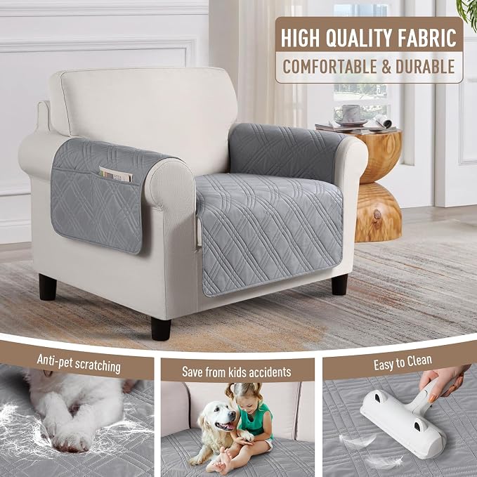 TAOCOCO Waterproof Chair Covers for Pets Dogs with Non Slip Backing, Chair Seat Covers with Side Pocket for 1 Seater Couch Washable Dog Couch Cover Protector Sofa Slipcovers(Chair, Light Gray) - Image 4