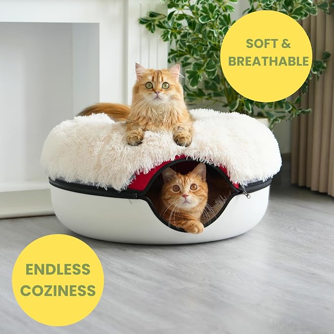 Cattasaurus Peekaboo Cat Cave for Multiple & Large Cats Up to 30-45 Lbs, Fluffy Cat Beds & Furniture, Scratch Detachable & Washable Tunnel Bed, Comfy Donut Bed (Ruby Snowball, Large (Calming)) - Image 7