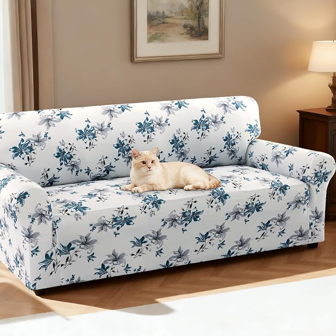 H.VERSAILTEX Floral Pattern Couch Covers for 3 Cushion Couch Sofa High Stretch Couch Cover Printed Pet Sofa Covers for Furniture Super Soft Fabric(Vintage Petal-Blue,Sofa) - Image 2