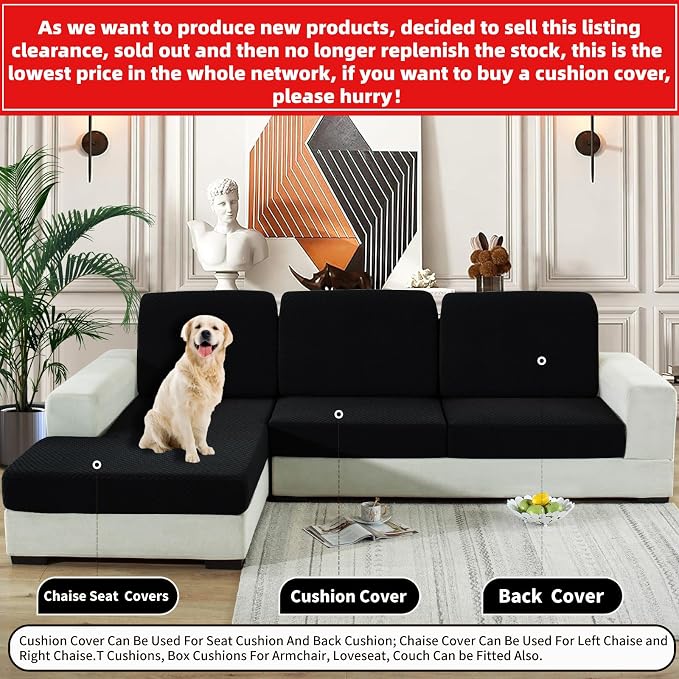【Clearance】 Sectional Couch Covers for L Shaped Chaise Lounge 1 Piece Separate Cushion Couch Universal Replacement Large Checkered Furniture Protector with Elastic Bottom (Chaise Cover, Black) - Image 2