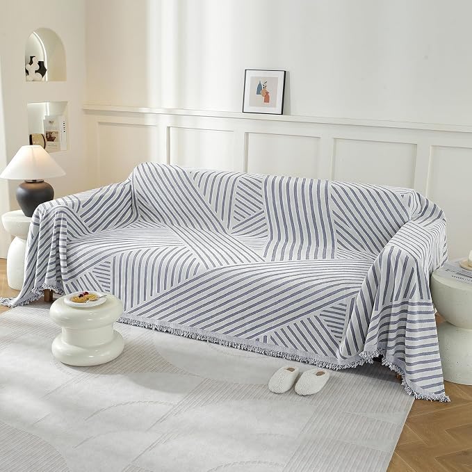 Couch Cover for Sofa, Boho Sofa Cover Washable Couch Cover for Dogs, Pet Sofa Cover for 2-Cushion Couches with Tassel Furniture Protector Cover,71" x 118",Light Gray-Line - Image 2