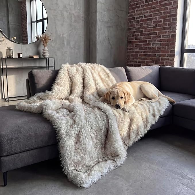 Faux Fur Dog Blanket, Waterproof Couch Cover, White w/ Brown Tips 80"x60" | Plush Sheepskin Style Pet Throw for Sofa, Bed, and Car, Washable Furniture Cover that Protects From Fur and Spills - Image 3