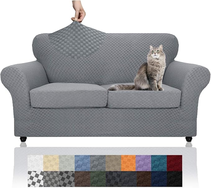 YEMYHOM Latest Checkered 3 Pieces Couch Covers for 2 Cushion Couch High Stretch Thickened Love Seat Sofa Cover for Dogs Pets Elastic Loveseat Slipcover Protector (Light Gray), 55"-69"(2 Cushions) by YEMYHOM